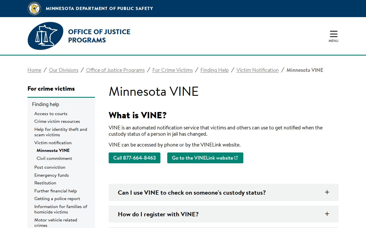 Official Minnesota VINE explanation for Lake of the Woods County inmate checks